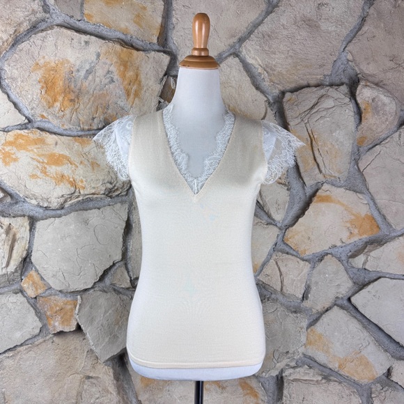 Ralph Lauren Black Label Cashmere Silk Knit Top with Lace Cap Sleeves CreamL